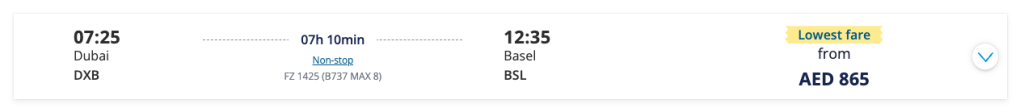 Reservation of a flydubai flight from Dubai to Basel