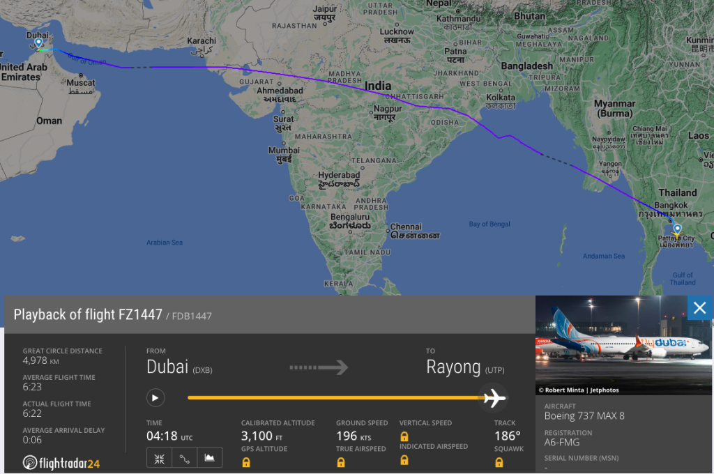 Flightradar24 screenshot of a flydubai flights from Dubai to Pattaya