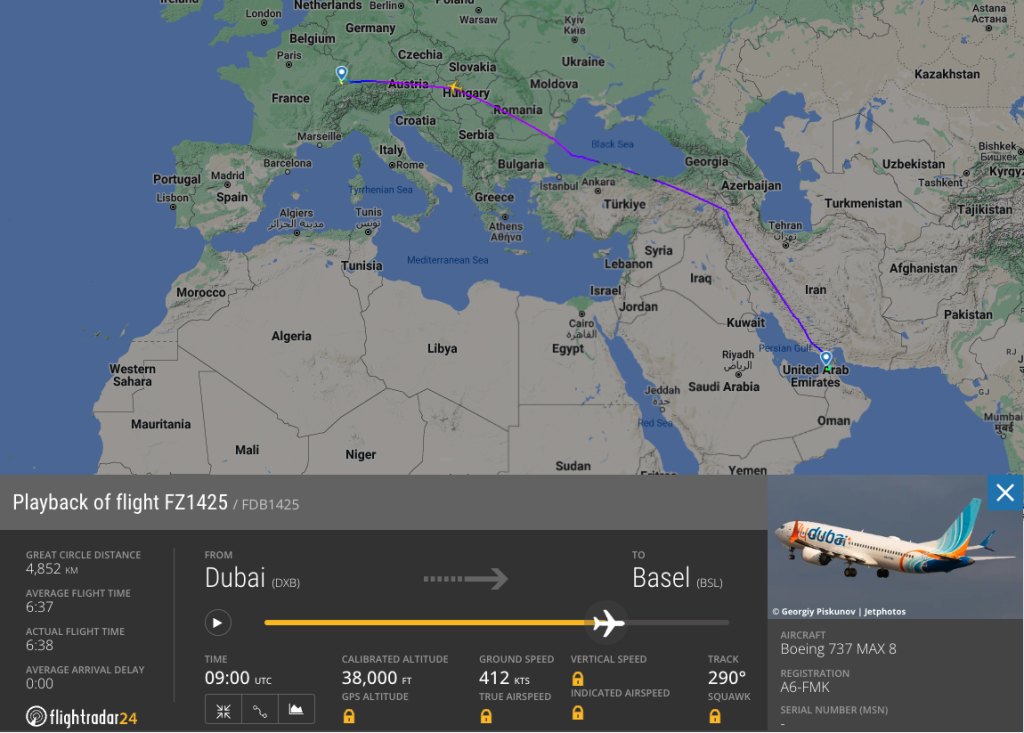 Flightradar24 screenshot of a flydubai flight from Dubai to Basel